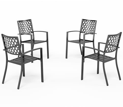 PHI VILLA Metall Gartenstühle 4er Set, Terrassenstühle Stapelbar, Schwarz | Robuster Stahlrahmen, Rostbeständig E-beschichtet Gartensessel, Mit Armlehnen, 136 kg Tragkraft, Platzsparend Stapelbar