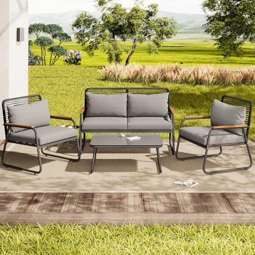YCYDHDM Garten-Loungesessel-Set 4 sitzer mit Verstellbare Beine und Couchtisch, Gartenmöbel Set mit Sitzkissen, Glastischplatte, Wetterfeste Loungemöbel, für Terrasse, Garten, Grau