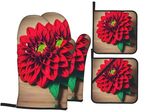 Ofenhandschuhe und Topflappen, Holzbrett, Retro-Blumen-Motiv, rote Dahlie, 4 Stück, Küchenhandschuhe mit Topflappen, lange Backhandschuhe