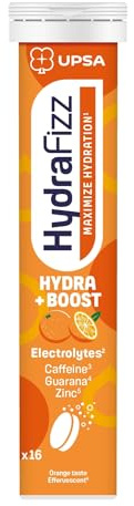 UPSA Hydrafizz Boost – 16 Compresse Effervescenti – Integratore con Elettroliti, Caffeina, Guaranà e Vitamina C – Massimizza Idratazione ed Energia – Riduce Stanchezza – Gusto Arancia Naturale
