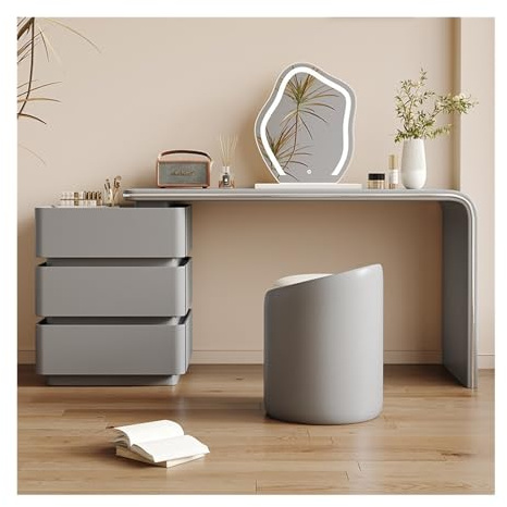 Tavolo Trucco Vanity Desk con 3 cassetti, set da toeletta moderno e semplice, incluso specchio for il trucco a LED e sedia, perfetto for donne e ragazze Toilette con specchio(Grijs,Grande)