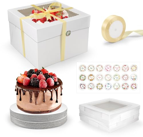 Nagoyuki 20 SetsTortenbox Tortenkarton Hoch 30x30x20cm Kuchenbox mit Sichtfenster, Tortenschachtel mit Sockel Aufkleber und Band, Transport Cake Box für Transport und Schutz von Torten und Backwaren