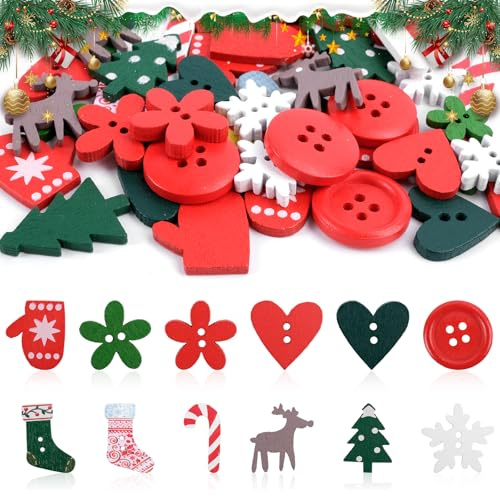 Axlyca Weihnachtsknöpfe aus Holz,100PCS Weihnachtsknöpfe Holz,Mini Klein Gemischte Dekorative Weihnachtsknöpfes,Knöpfe für Weihnachten,Weihnachts Knöpfe holzs Nähen,Basteln,Deko, Heimwerken,11 Stile