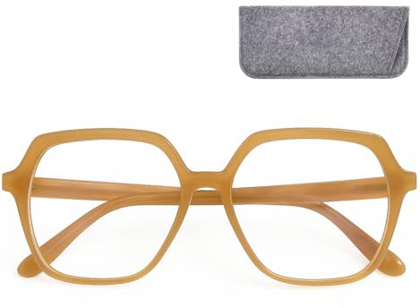 Stilfulla moderna blåfilterglasögon dam sexkantig med stora linser, fodral, lätt plastbåge (beige), blåljusfilterglasögon för dam +1.5 dioptrier