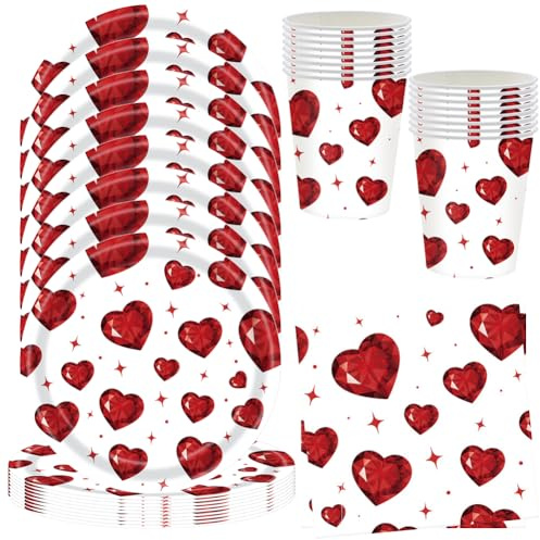 MEZHEN Vaisselle Coeur Vaisselle de Fête Saint Valentin Décorations Assiettes Gobelets Serviettes Vacances Vaisselle Décorations de Fête Fête Des Mères Mariage 16 Invités