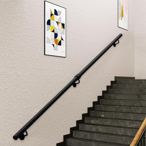 Lonmrrton Black Handrails for Stairs, 15ft 14ft 12ft 10ft 8ft 7ft 5ft Anti-Slip Banister Rail Support Kit, Wall Mounted Staircases Railing Metal Galvanized Iron Safety Grab Bar(9.2ft/280cm)