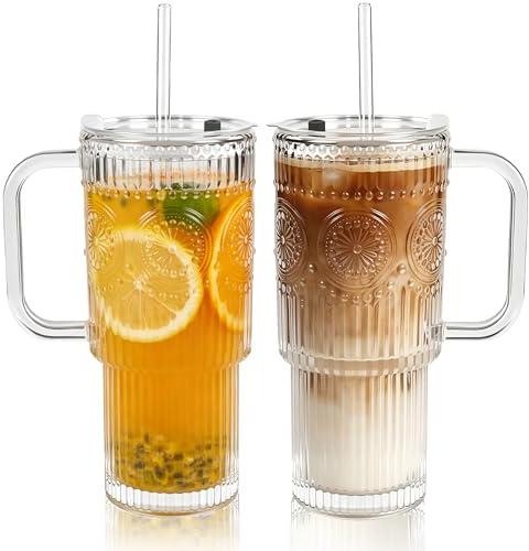 1ZIZIFA8 750ml Glass Tumbler with Lid & Straw, 2 Pack - Ribbed Design with Handle, Large Leakproof Iced Coffee Cup for Smoothies, Matcha, Latte, Bubble Tea & Cold Drinks - Dishwasher Safe