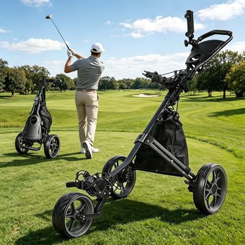 DoeDoefong Golfwagen Klappbar 3 Räder, Golf Trolley Leicht mit Fußbremse, zusammenklappbarer Golf Caddy mit Eva Rollen, Kühltasche & Schirmhalter, für Jede Golftasche