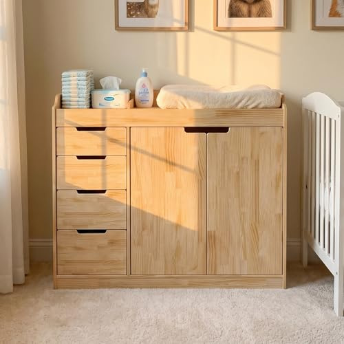 Caldion Table à Langer en pin Massif Bois Naturel 118 x 45 x 100 cm | Commode bébé avec rebords surélevés 4 tiroirs et 2 portes pour ranger couches vêtements et produits de soin