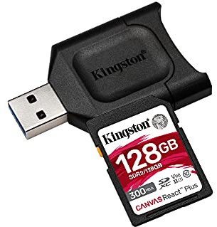 Kingston MLPR2/128 GB Tarjeta SD + Lector de Tarjeta (128 GB SDXC React Plus SDR2 + MLP Lector SD)