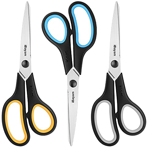 Scissors All Purpose, iBayam 8 Heavy Duty Scissors Bulk 3-Pack, 2.5mm Thickness Ultra Sharp Blade Shears with Comfort-Grip Handles for Office Home School Sewing Fabric Craft Supplies, Right/Left Hand