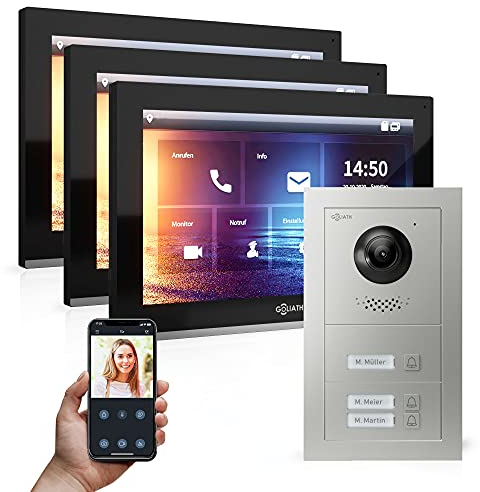 Goliath Hybrid - IP | Full-HD Video Türsprechanlage | App | 3-Fam | 3 x Full-Touchscreen 10 | Aluminium Unterputz Türstation | 3 Klingel | 180° Ultra-Weitwinkel | AV-IPS-537
