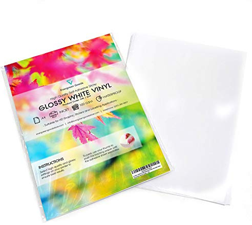 Evergreen Goods A4 självhäftande blank vit vinyl | bläckstråleskrivare | vattentäta PVC-klistermärkesark | 30 ark