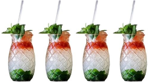 SHUVAR BAZAR Tiki – Lot de 4 verres à boisson en forme d'ananas pour cocktails, 500 ml, transparents, style tropical, style bar hawaïen, fête de bar moderne avec pics (ananas, 500 ml)
