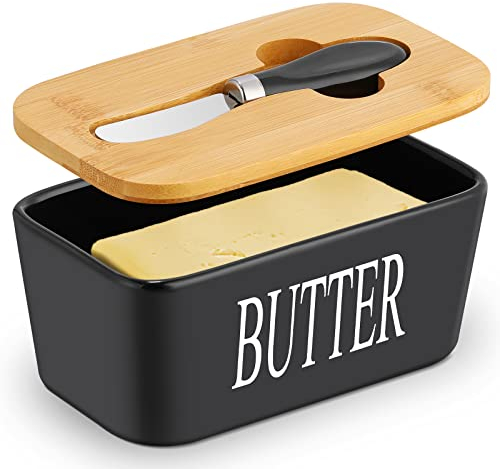 Hossejoy Large Butter Dish with Lid and Knife, European Size Porcelain Butter Container Designed with Double Silicone Seals, Ceramic Butter Box, Perfect for Butter, Nuts, Cheese, 650ml (Black)