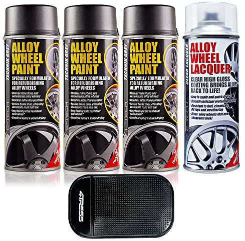 4TRESS E-Tech 3 x 400ml Technik Grey Chip Resistant Alloy Wheel Spray Paint, 1 x Clear Lacquer Car Alloy Wheel Paint (4 Cans In Total) Non Slip Car Dash Mat
