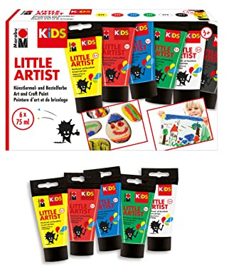 Marabu KiDS Little Artist, 6 x 75 ml konstnärs- och pysselfärg för barn från 3 år, vattenbaserad barnfärg, tvättbar, vegansk, glutenfri, tillverkad i Tyskland, 030500000001