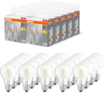 OSRAM BASE CLASSIC A FIL 40 LED-Lampe mit Sockel E27, klassische Kolbenform, Doppelpack, 4W, 470lm, 2700K, warmweißes Licht, geringe Wärmeentwicklung, lange Lebensdauer, energiesparend,20-Pack