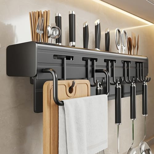 Support De Rangement Mural Multifonctionnel Pour Cuisine Avec Crochets Porte-ustensiles Muraux Pour Cuisine, Noir Organisateur Mural De Cuisine Tout-en-un (S : 60cm)