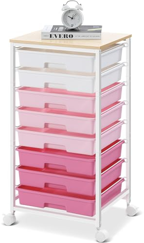 SYKIARIOL Chariot de Salle de Bain 8 Tiroirs - Rangement à Roulettes Avec Plateau en Bois - Pour Salon, Chambre, Bureau - Grande Capacité - Bricolage - Rose