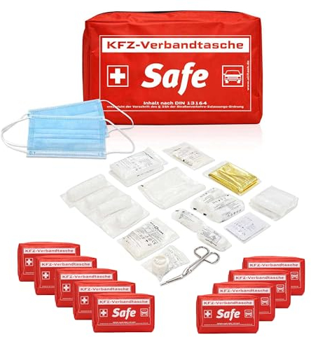 10 x Kfz Verbandstasche rot | Inhalt nach neuester Norm 13164:2022-02 | europaweit nutzbar | Verbandskasten Auto
