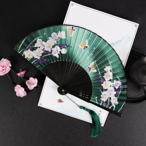 ANALTIRCE Handfächer, Faltbar, Aus Seidenstoff, Chinesische/Japanische Handfächer, Handfächer Aus Bambus, Hohl Geschnitzter Faltfächer Aus Bambus Mit Quasten, Grün, Einheitsgröße