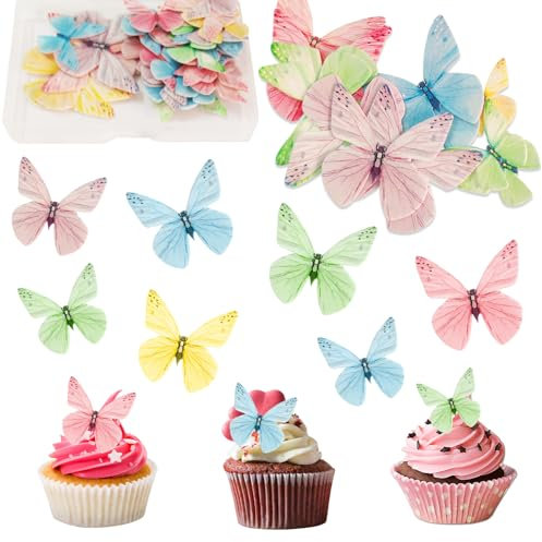 Mariposa Cake Adornos,72 Piezas Adornos Comestibles para Cupcakes,Adornos para Mariposas Magdalenas,Wafer Paper Butterflies Mariposa,para Cumpleaños,Bodas,Fiestas,Cupcakes,Alimentos.