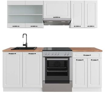 Vicco Küchenzeile R-Line, Weiß Landhaus/Weiß, 200 cm | 5 Module · Höhenverstellbare Füße · AP Eiche inkl. · MDF-Fronten · Mit Glasschrank · Frei kombinierbar