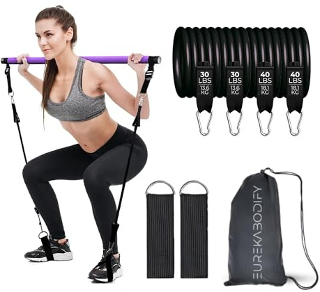 EUREKA BODIFY Pilates-Stange – Pilates-Set für Zuhause – Zerlegbare Stange in 3 Abschnitten – Krafttrainingsstange – Pilates-Stange mit Bändern