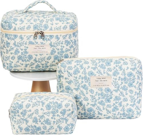Kosmetiktasche Damen Reise Make Up Tasche, 3 Stück Große Baumwolle Kulturtasche Make-Up Organizer Tasche Cosmetic Bag mit Blumenmuster für Kosmetik Kosmetikartikel (Blaue kleine Blume)