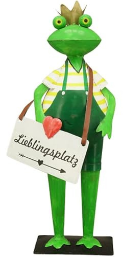ETC Dekofigur Dekofrosch Gartenfigur Frosch mit Goldener Krone und Schild LIEBLINGSPLATZ mit rotem Herzchen