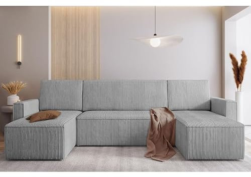 MODERNO Ecksofa mit Schlaffunktion und Bettkasten MIMIR U - Sofa mit +3 Sitzen - Schlafcouch Wohnlandschaft U Form - Modern Couch 305x144x80 cm - Big Sofa XXL - Grau