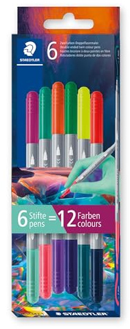 STAEDTLER STAEDTLER 3280 dubbelfibermålare, tvåfärgad, två spetsar, två olika färger, linjebredder 3 mm och 1 mm, kartongfodral med 6 fiberpennor i olika färger, 3280C6E2-1