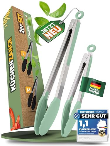 KNUSPERLIEBE® 2X Premium-Küchenzangen aus Edelstahl, ergonomische Kochzange mit Silikonspitze, 33cm & 26cm lange Zangen, Grillzange, BPA-FREI, hitzefest, spülmaschinengeeignet, mit Verriegelung