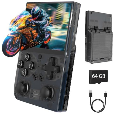 WeLohas DR35 Plus Handheld Retro Gaming Console Linux System with 64G Card,Support 13+ Emulator Including 15000+ Fun Games,3.5 IPS Screen,Hand Held Video Game Console Gift (DE-DR35-Black)