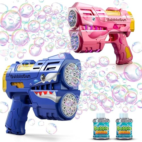 2 Pack Bubble Guns for Kids LED Light Up Rechargeable Bubble Blower with 2 Bottles Refill Solution Bubble Machine Blaster for Toddlers 4-8 Birthday Wedding Party Favors Outdoor Toys Gifts (Blue&Pink)