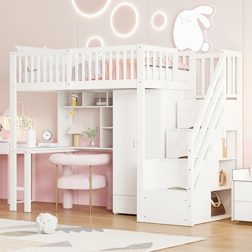 xixiworkshop Hochbett 90x200cm mit Schreibtisch/Kleiderschrank/Stauraum Treppen, Bett für Mädchen Jungen Kinderbett Rausfallschutz ohne Matratze(Weiß)
