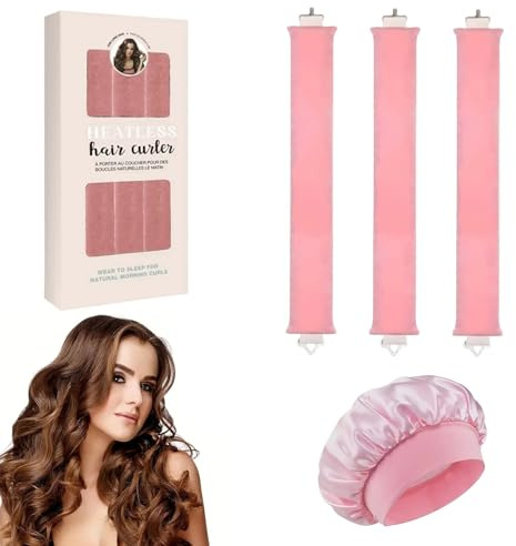 EUZUXU Bigodino Morbidi per Dormire 3 Pezzi Bigodini Capelli Ricci + Berretto di Seta, per Dormire Gomma Heatless Hair Curler DIY Arricciacapelli Senza-Rosa