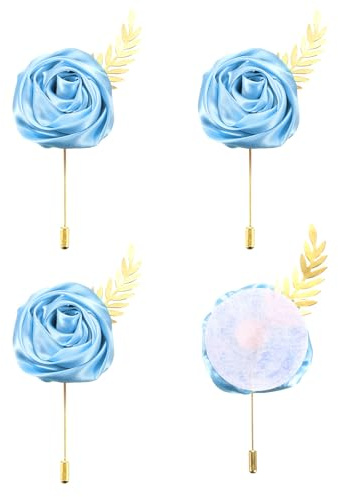 QUARKZMAN 4 Stück Hellblaue Rosen Ansteckblumen Knopflöcher Taschenanstecker für Hochzeitszeremonie Jubiläum Abschlussball Formelles Abendessen Party (4,7 x 2 Zoll)