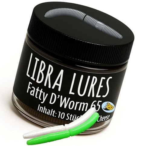 Libra Lures Fatty D`Worm 65mm Forellenköder Supersoft | 10 Stück | Aroma: Käse | Farbe: 000/ Glow UV Green | Gummiköder | Forellenköder Neuheiten | Erfolgreicher Forellen Angeln mit dem Fatty