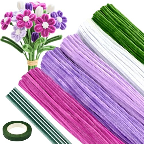 ASTARON 521 Stück Pfeifenreiniger Bastelset, 5 Farben Pastell Chenille Stiele für Handwerk Pfeifenreiniger Blumen machen Kit mit Blumen Drähte, Gartenarbeit Band (Lila-Serie)