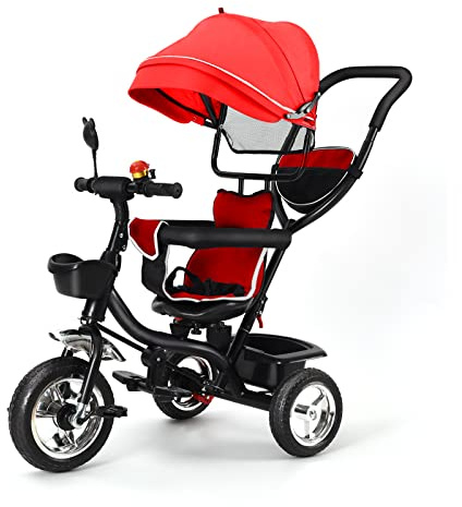 Laufrad Dreirad, Laufräder Kinderdreirad mit schubstange, Dreirad Lauffahrrad für Kinder ab 1 Jahre Jungen Mädchen Geschenk (Rot-4 in 1)