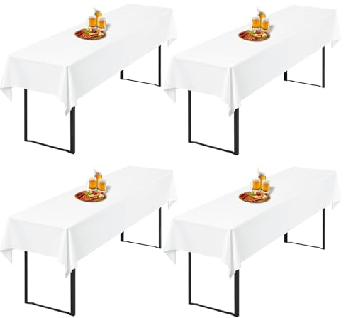 Showgeous 4 Stück Biertisch-Tischdecken für Bierzeltgarnitur, Weiß | 250 x 100cm, Blickdichte, waschbare Polyester-Tischdecken für 50 und 70 cm breite Biertische und Bierzeltgarnituren