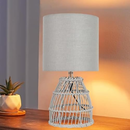 Sales Today Interiror Natural Wicker Rattan Table Lamp Bamboo Grey Wash Finish with Grey Fabric Shade 36 cm Bedside Light Industrial Style Lighting for Bedroom Living Room or Office