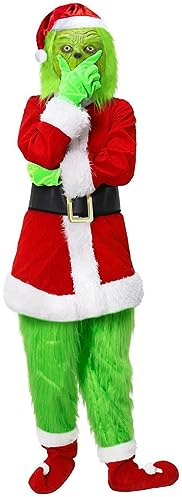 Applysu 7 Pezzi Costume da Mostro Verde per Bambini per Natale Cosplay Costume Natalizio Completo di Top e Pantaloni