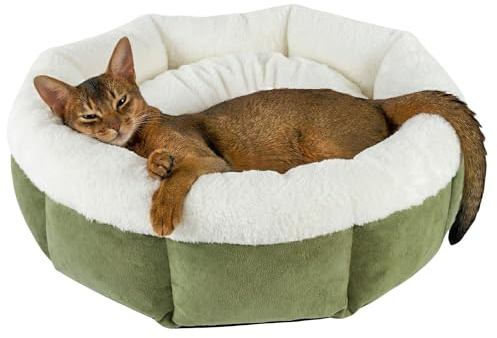 LUNORI Katzenbett Ø55xH20 cm Flauschiges Katzenbett, waschbar, für Katzen & kleine Hunde bis 7,5 kg, mit extra dickem Bodenkissen, Wendekissen mit wasserfester TPU-Seite, 830 g Füllung, Grün-Weiß