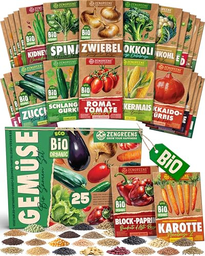 ZenGreens® - Bio Gemüsesamen im 25er Set - 25 Gemüse Samen für den einfachen Anbau im Garten, Balkon oder Hochbeet - Pflanzensamen - Saatgut