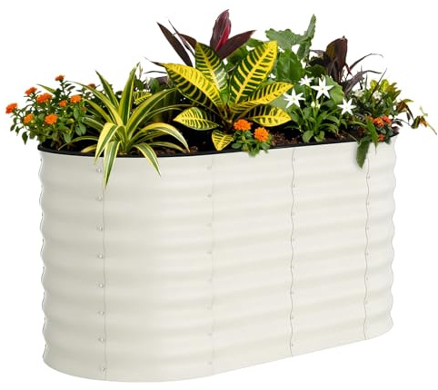 Aptliton 120x60x60cm Galvanized Steel Raised Garden Bed - Heavy Duty Oval Planter Box (No Bottom) with Anti-Cut Strips, Weather Resistant for Vegetables Herbs Flowers, Beige