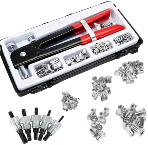 FreeTec 126pcs Pince à Insert Fileté, M3 M4 M5 M6 M8 Pince a Sertir Ecrou a Riveter et 5 Mandrins, Outil a Insert Fileté Ecrou a Sertir en Alu pour Métal Tuyau (Rouge)