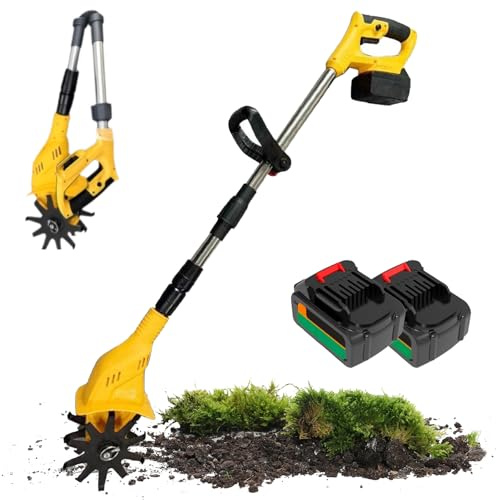 Motozappa Elettrica a Batteria da 1380 W, Fresatrice Pieghevole con Impugnatura Regolabile, profondità di Lavorazione 25 Cm, Larghezza 10 Cm, 4 Lame in Acciaio al Manga Yellow (2 Units, 10 Batteries)